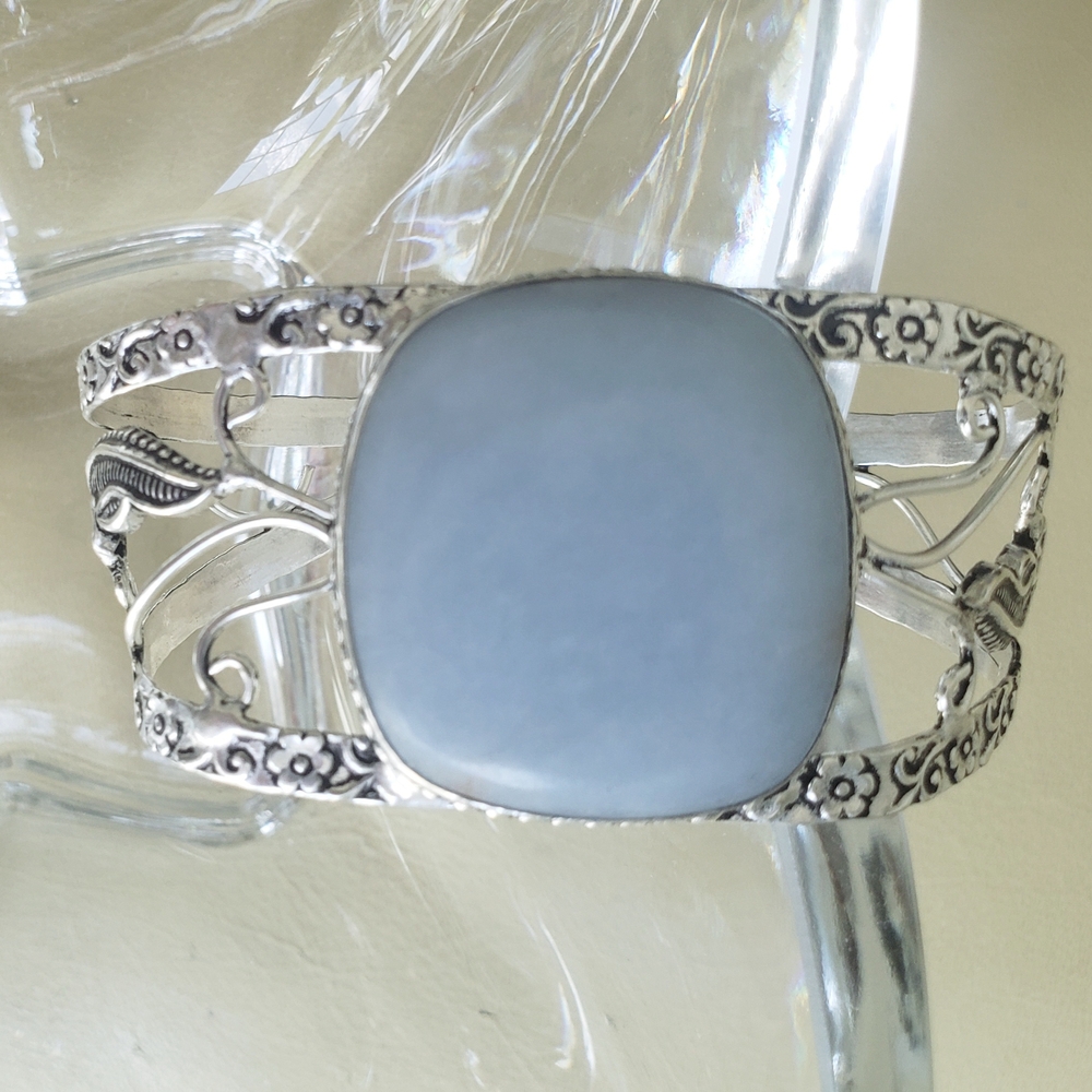 Angelite Gemstone Adjustable 925 Stamped Silver Bracelet, New, Grey Blue, Handmd - Picture 6 of 13